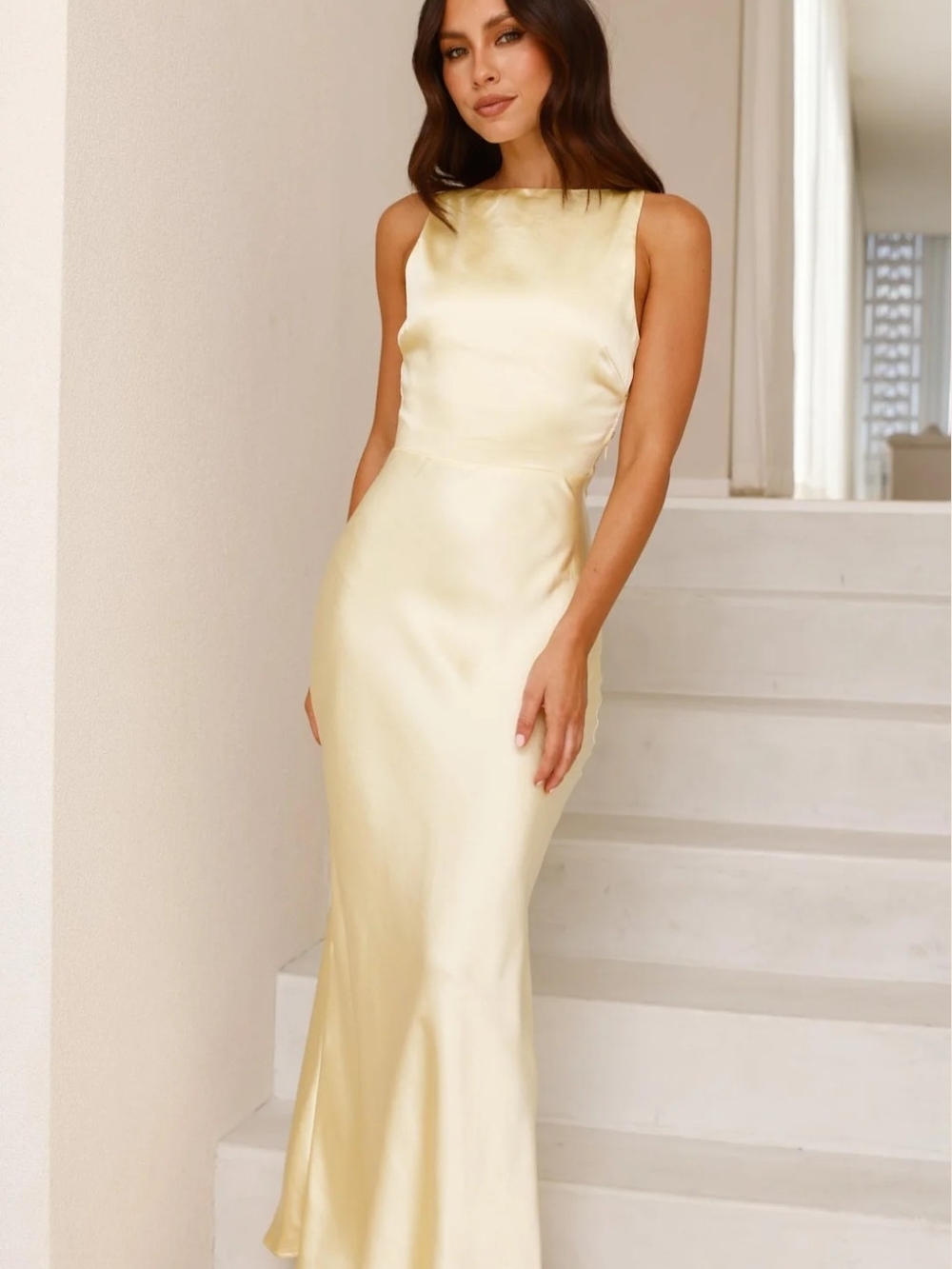 Billy J Satin Bias-Cut Evening Gown in Pale Yellow